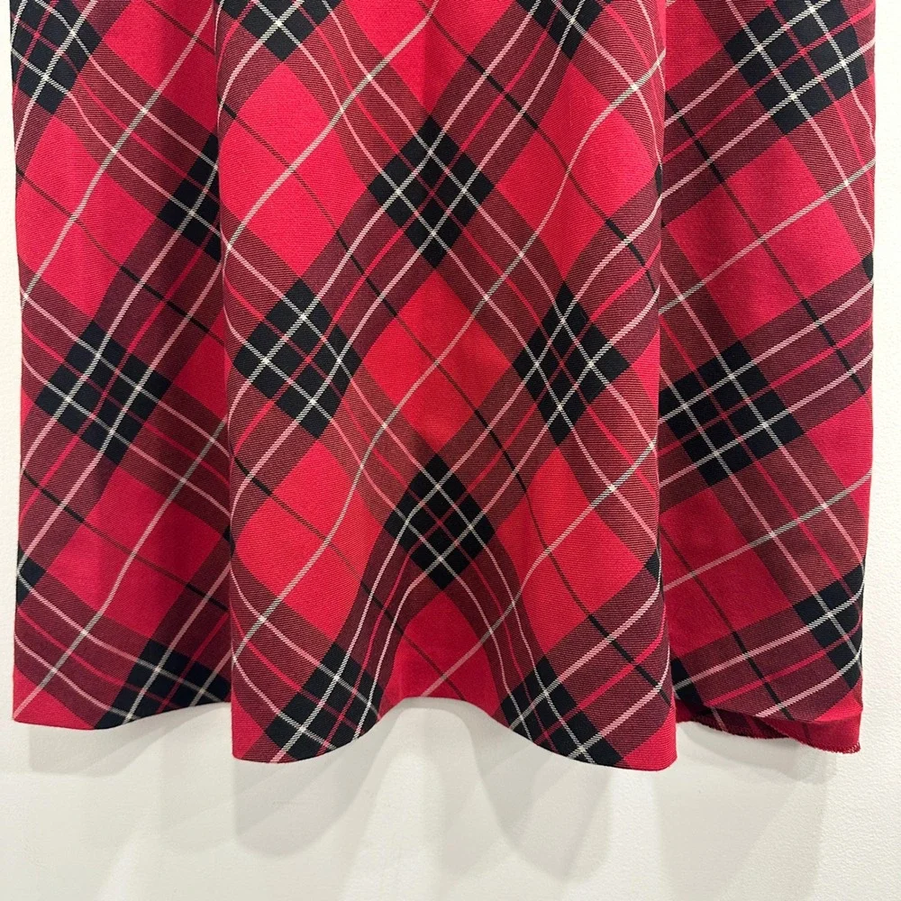Red Plaid Tartan Midi Skirt Bias Cut A-Line Red Black White Classic Preppy Sz 14